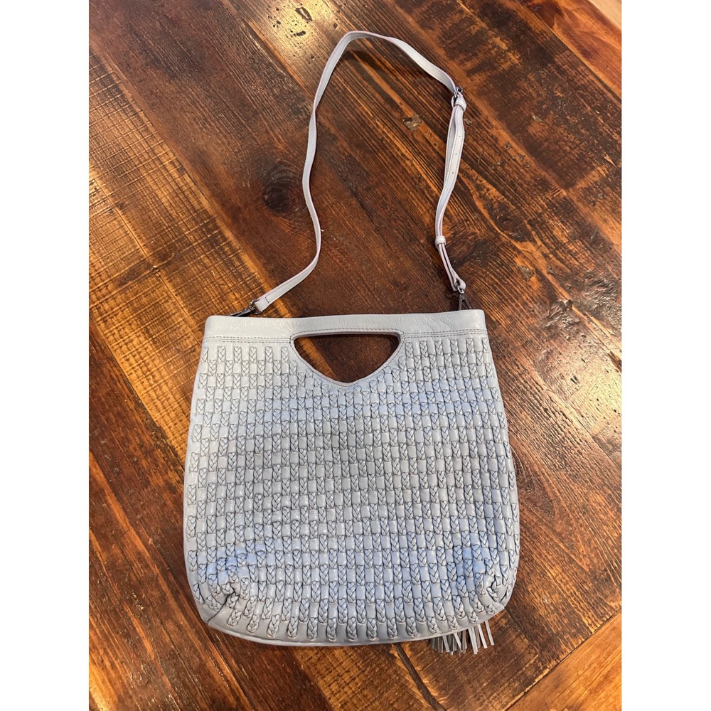 Kooba Light Blue Woven Leather Convertible Crossbody Tote Bag with Tassel